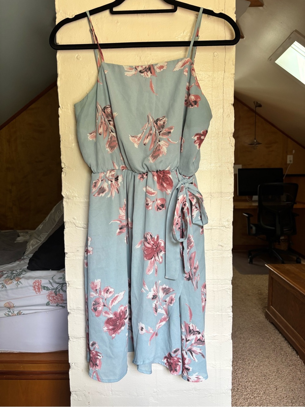 Sienna Sky Light Blue Above Knee Dress with Pink Floral Print